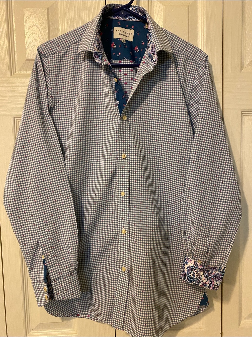 Ted Baker Blue and White Micro-Check Button-Down Cotton Shirt- Small